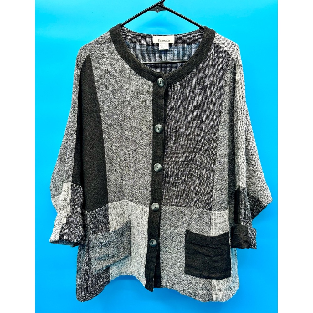 Vtg Sangam Womens L Cotton Lagenlook Artsy Minimalist Gray Black Batwing‎ Jacket
